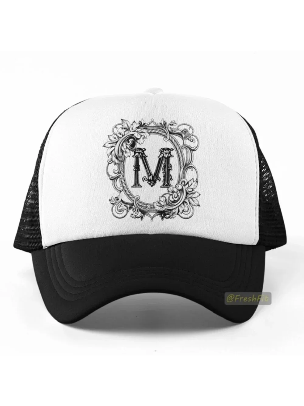 🆕Letter M Ornate Initial Foam Trucker Hat Mesh Snapback Cap Black/White